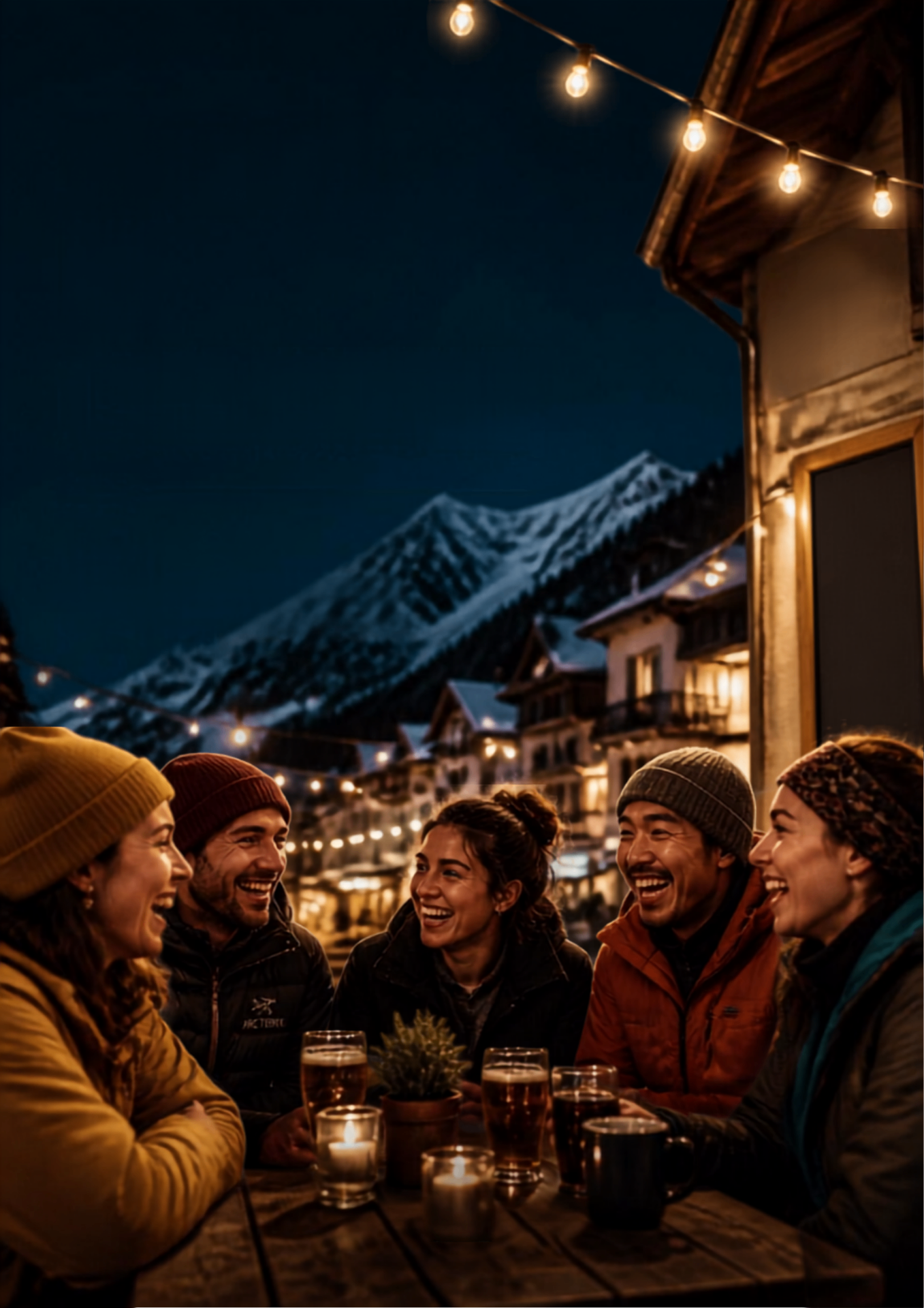 Delegates laughing over wine in a warm alpine bar