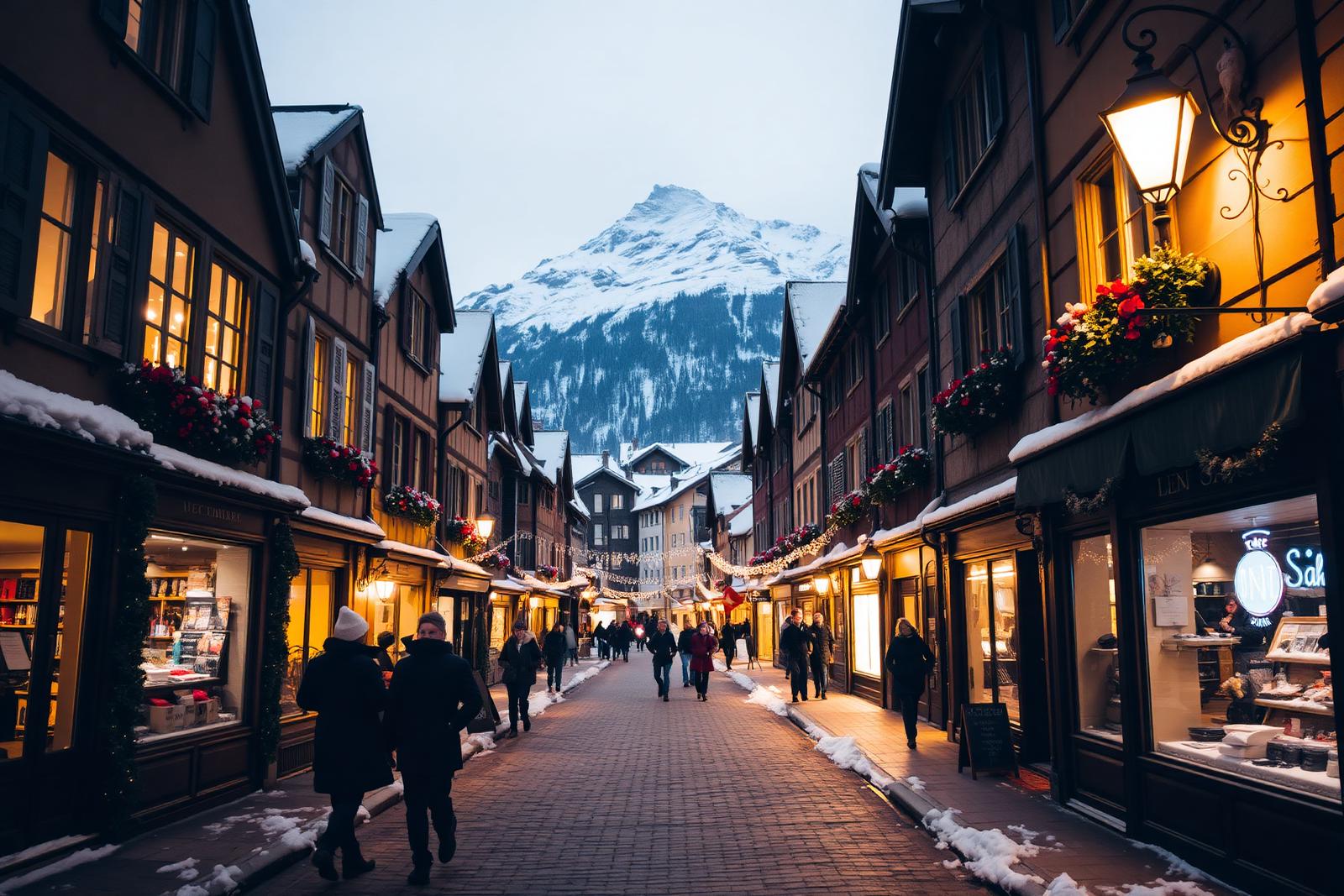 Chamonix at night, lit shopfronts under Mont Blanc